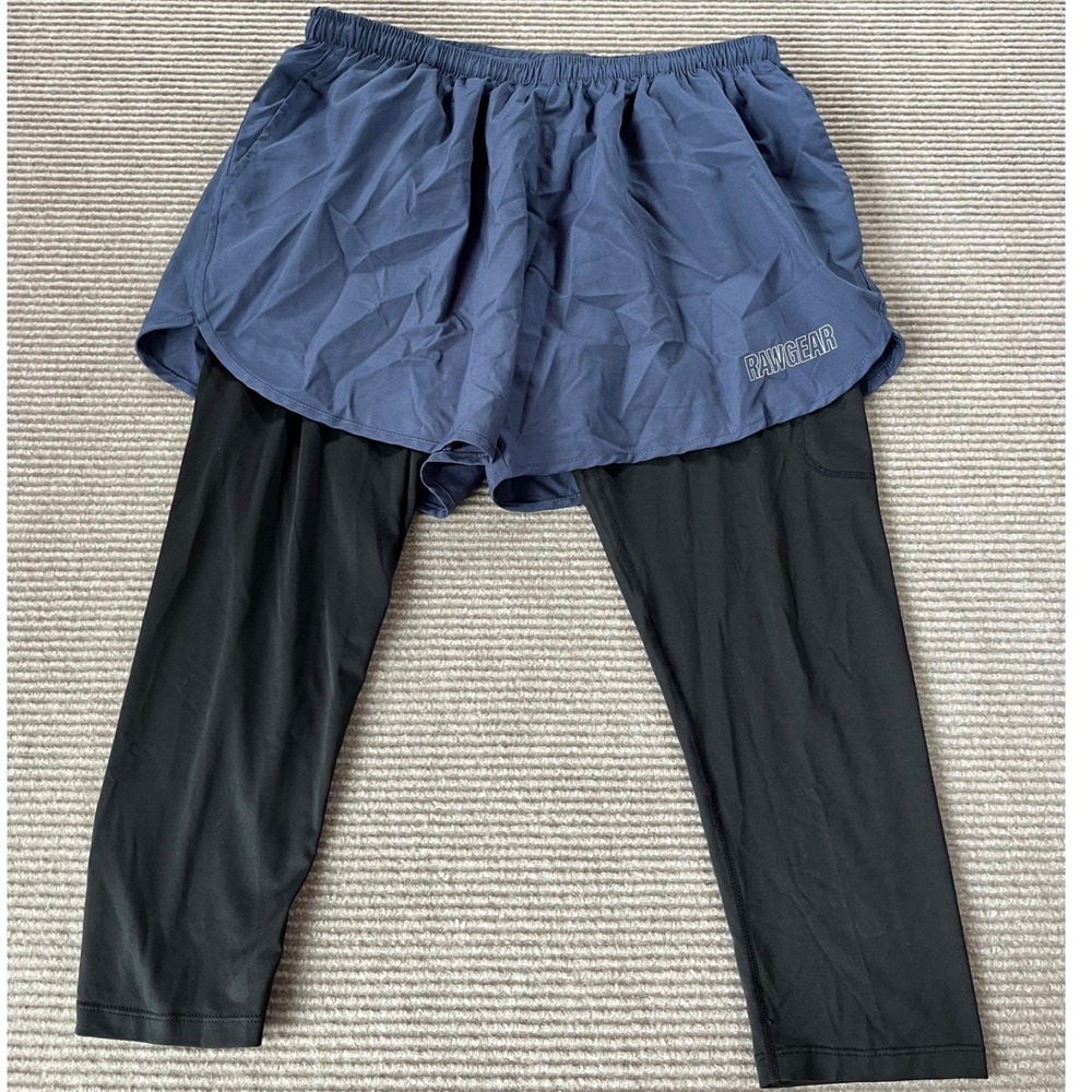Rawgear Womens XL 2-in-1 Athletic Leggings Shorts Blue Black Training Gym‎ Pants